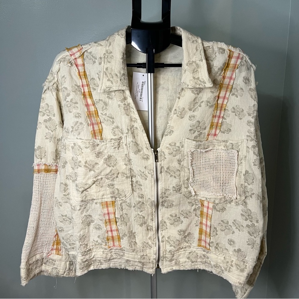 Zip Up Floral & Plaid Pattern Patches Relaxed Jacket oversized large